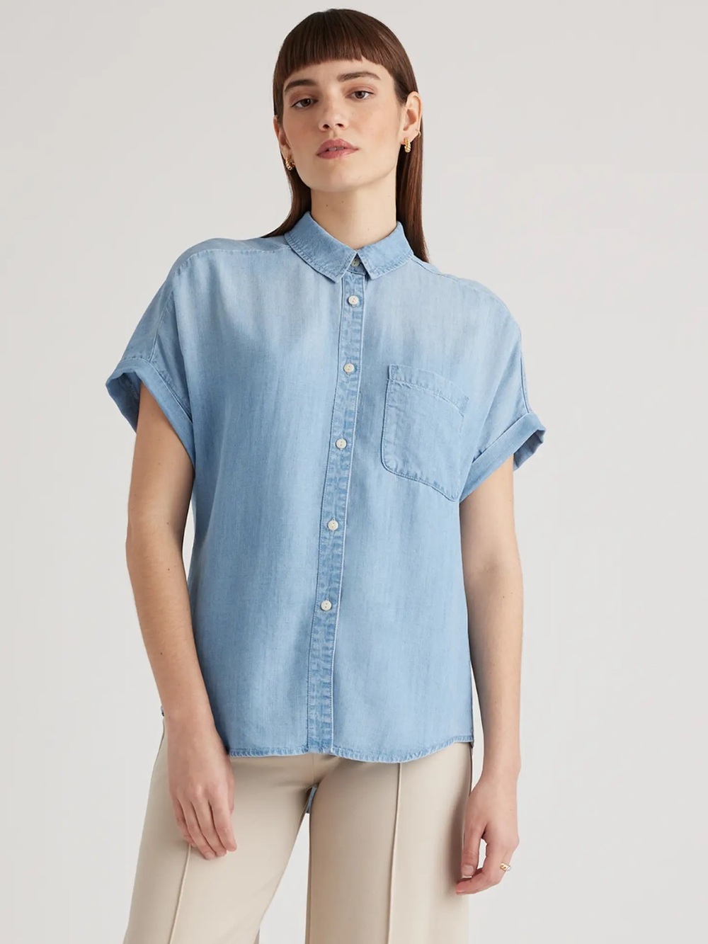 Quince Light Blue Short-Sleeve Button-Front Shirt Chambray Tencel